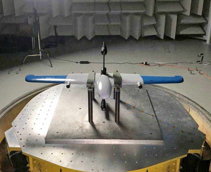 UAV drone in flight over test field