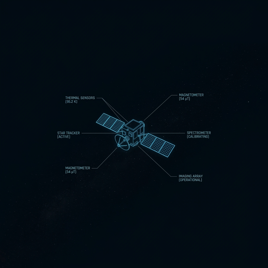 Futuristic 3D wireframe diagram of a satellite sensor rendering telemetry data